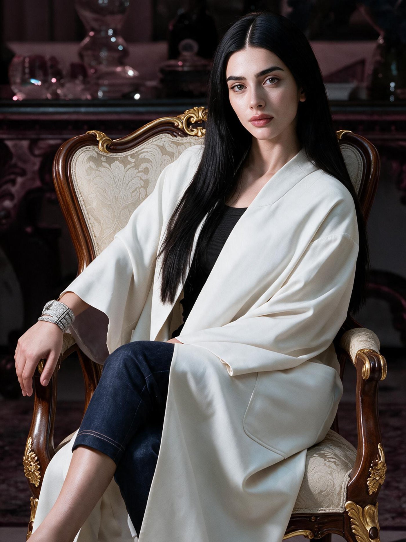 The Everyday Luxury Coat, seated in a carved armchair against dark mahogany