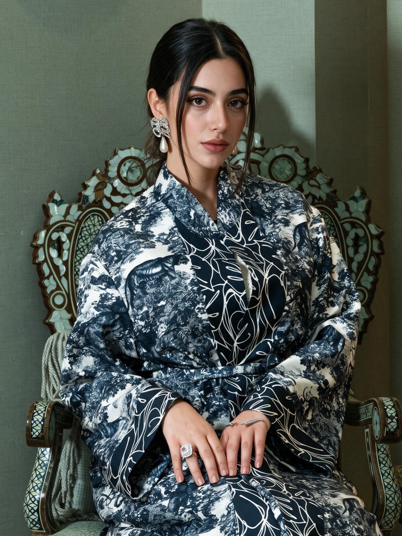 The Navy Jungle coat, seated on a mother-of-pearl chair